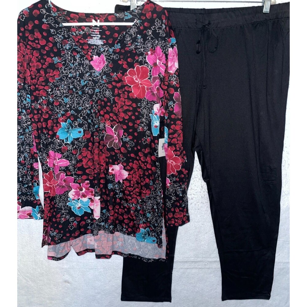 N Natori Black Pink Pagoda Floral Knit Pajama Lounge Set Womens XL 16-18 NWT